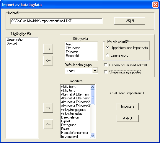 11 Utför: Välj den fil som ska importeras, avmarkera rutan Skapa inga nya poster och klicka sedan på Importera. Resultat: Katalogen uppdateras nu med de nya posterna. 12.