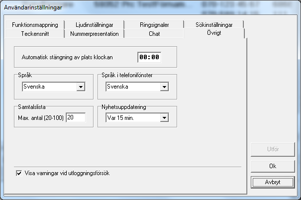 4.3.4 Användarinställningar - Övriga inställningar Automatisk stängning av plats Tid i tt:mm anges för automatisk stängning av platsen samt automatisk utloggning från katalogadministrationen.