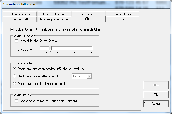 4.3.7 Användarinställningar - Chat Chat med användare är en option. Om den inte finns på företaget finns inte heller inställningarna. Sök automatiskt i katalogen.