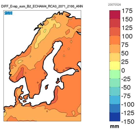 ERA40-RCA3 (1961-1990) ECHAM4-RCA3-B2 (2071-2100) Figur 24 Beräknad årlig förändring av verklig avdunstning (mm/år) för perioden åren 2071-2100 (till höger) enligt två klimatscenarier jämfört med