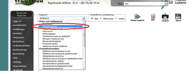 9.6 KONTROLLERA VÄXTODLINGSPLANEN Välj Rapporter från vänstra balken. På rapporter-sidan kan väljas önskad rapport, t.ex.