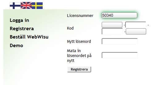 Det öppnas en sida där man anger både licensnumret och nyckelkoden: 2.2.1 LICENSNUMMER Licensnumret är det samma som i PC-Wisu.