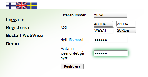 2.2.2 NYCKELKOD Nyckelkoden matas in i kod-fälten: 2.2.3 SKAPA ETT NYTT LÖSENORD Efter att du har matat in licensnumret och nyckelkoden kan du ange ett nytt lösenord som du har själv valt: 2.