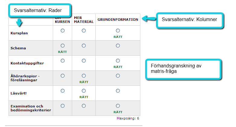 Frågetyp: Matris I första bilden till höger ser du ett exempel på hur en matris-fråga ser ut i förhandsgranskning. Deltagaren får max 6 poäng för alla rätta svar.