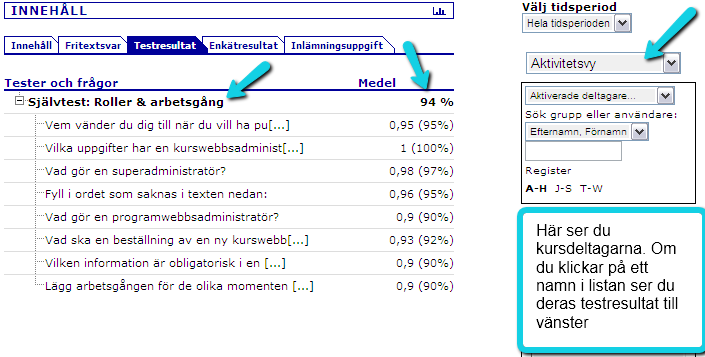 4. I nästa vy ser du fönstret för testresultat. Om du har flera tester så listas testerna och du ser de ingående frågorna och dess resultat genom att klicka på plustecknet. 5.