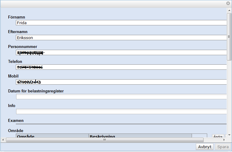 18. Lista områdets studenter Här visas en lista över alla studenter som tillhör ditt område. Det går även att göra en mängd valfria filtreringar och även exportera data till excel.