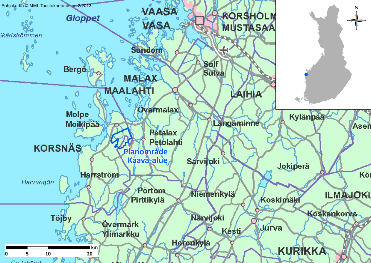5 (70) 5 Nuläge 5.1 Planläggningsområde och beskrivning av näromgivningen 5.1.1 Läge Molpe-Petalax vindkraftpark är belägen invid kommungränsen mellan västra Malax och norra Korsnäs.
