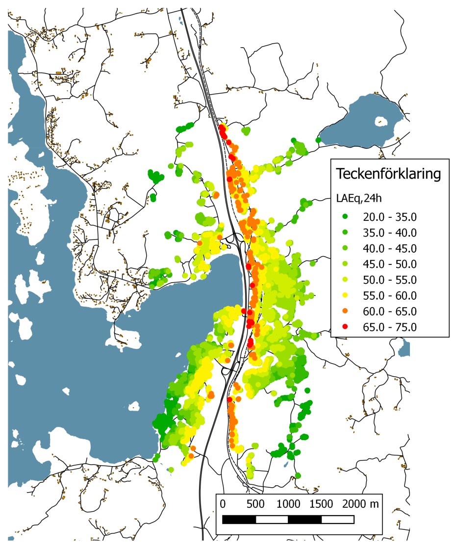 Figur 1, Illustration av dygnsekvivalenta bullernivåer beräknade av Trafikverket 2014.