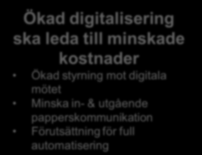 Digital strategi Merparten av våra kundmöten ska ske i digitala kanaler Kundresan ska styra hur vi utformar våra processer Ökad digitalisering ska leda