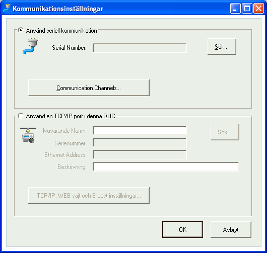 TCP/IP-kommunikation Om DUC:en har TCP/IP-port (E -WEB-modeller) kan kommunikationen ske via ett TCP/IPnätverk. Detta markeras genom att man väljer Använd en TCP/IP port i denna DUC.