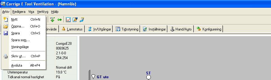 Kapitel 5 Menyfält Menyfältet har fem rullgardinsmenyer; Arkiv, Redigera, Visa, Verktyg och Hjälp. 5.1 Arkiv Används för att handha konfigureringsfiler.