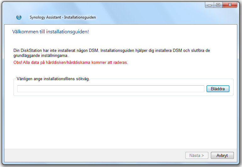 3 Klicka på Bläddra för att hitta DSM_[modellnamn]_[nummer].pat-installationsfilen i DSM-mappen på din installationsskiva.