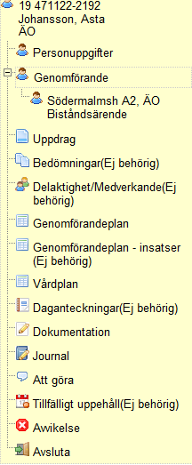 Avsluta brukare När chefen, sjuksköterskan och arbetsterapeut avslutar ett uppdrag eller en vårdplan så hamnar brukaren mappen Ej aktuella avslutas. Du finner mappen under Mina enheter.