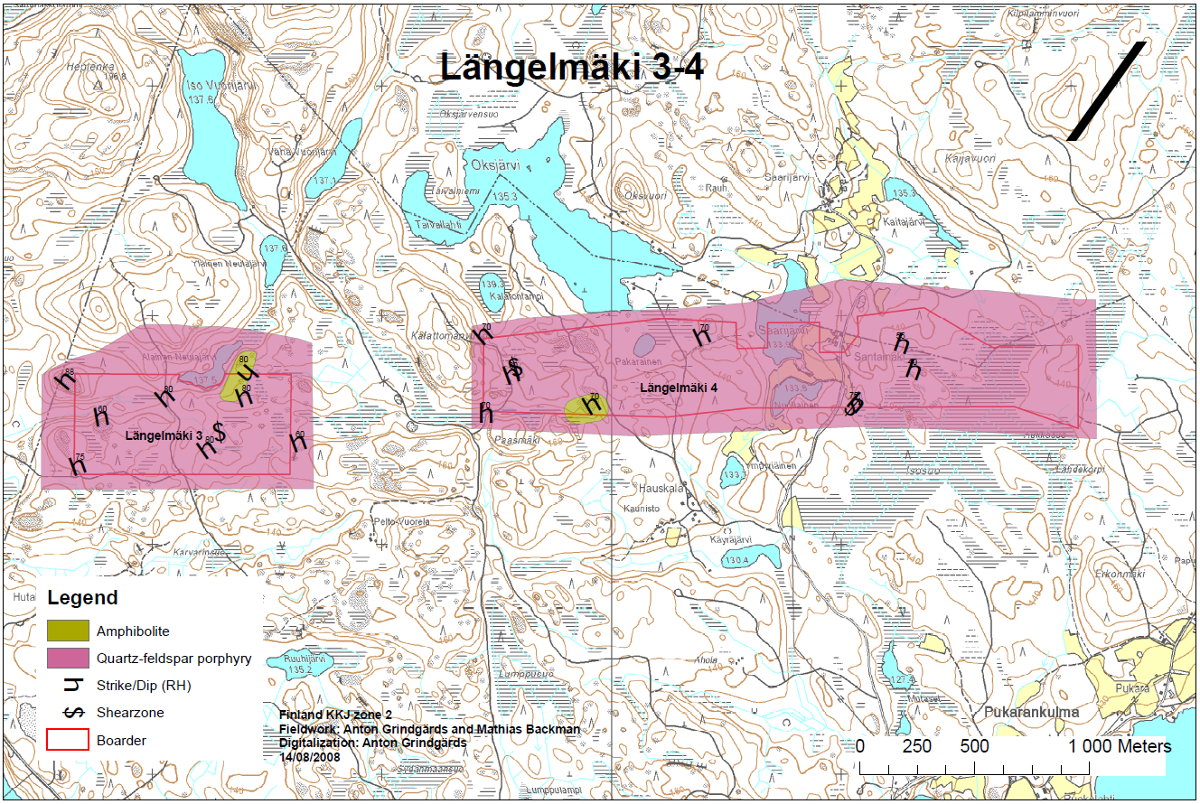 Langelmaki 4 och en i Langelmäki 3. Skiffrigheten i bergarterna varierar något men den dominerande riktingin är i riktningen NNV-SSO. I fem berghällar har rapporterats sulfidmineralisering.