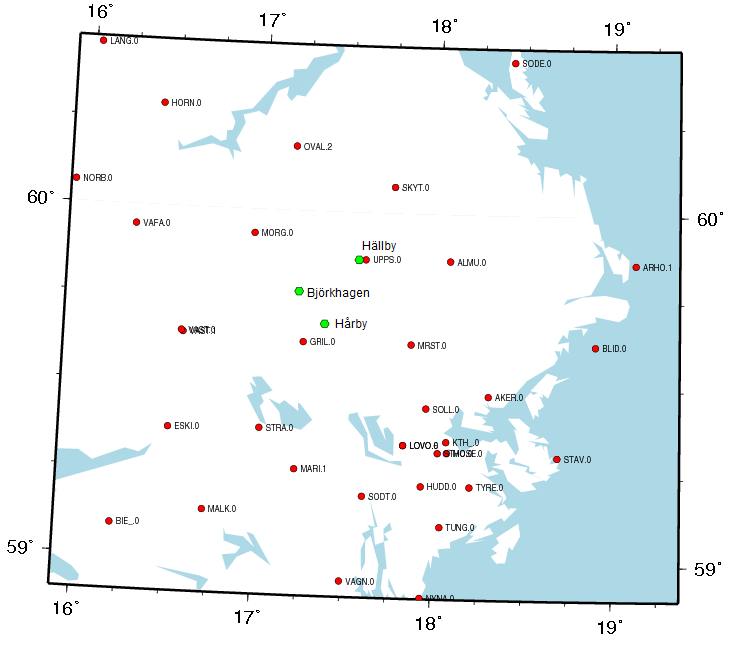 Tabell 5: Mätpunkter, avstånd till närmaste referensstation och klasser på kända Mätpunkt koordinater Avstånd till närmaste referensstation Klass SWEREF 99 Klass RH 2000 Hällby 0,1 km (Uppsala) 1 1