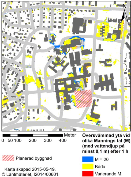 vid M = 20. Detta beror troligen på en högre vattenhastighet vid M = 75 som gör att vattnet snabbare rinner till lågpunkterna och översvämningen får istället en mindre utbredning.