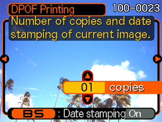 UTSKRIFT Inställning av utskrift för en enskild bild 1. Aktivera läget PLAY och tryck på [MENU]. 2. Uppvisa rutan PLAY, välj DPOF Printing och tryck sedan på [ ]. 3.