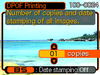 UTSKRIFT Inställning av utskrift för alla bilder 1. Aktivera läget PLAY och tryck på [MENU]. 2. Uppvisa rutan PLAY, välj DPOF Printing och tryck sedan på [ ]. 3.