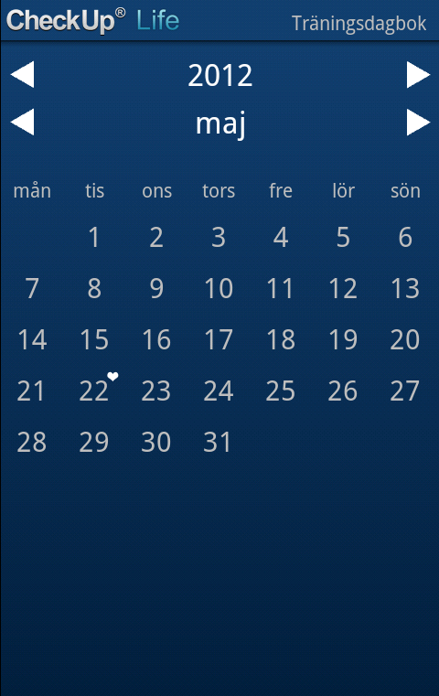 Figur 5: Kalender 3.3.4 Träningsdagbok Träningsdagboken (Figur 6) ger en insyn i en specifik dags aktiviteter och initialt hämtas dessa från servern.