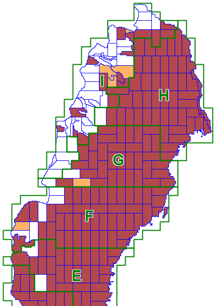 89% av landet är skannat - fjällen återstår 50 områden återstår att skanna (vita) vara 5 områden är påbörjade (orange).