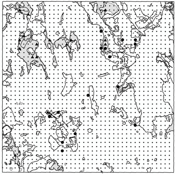 4.3 Provytans identiteter Tabell 4.2. Provytornas teoretiska koordinater i förhållande till km-rutans nedre, vänstra hörn. Figur 4.5. Exempel på provyteutlägg i de olika tilläggsinventeringarna.