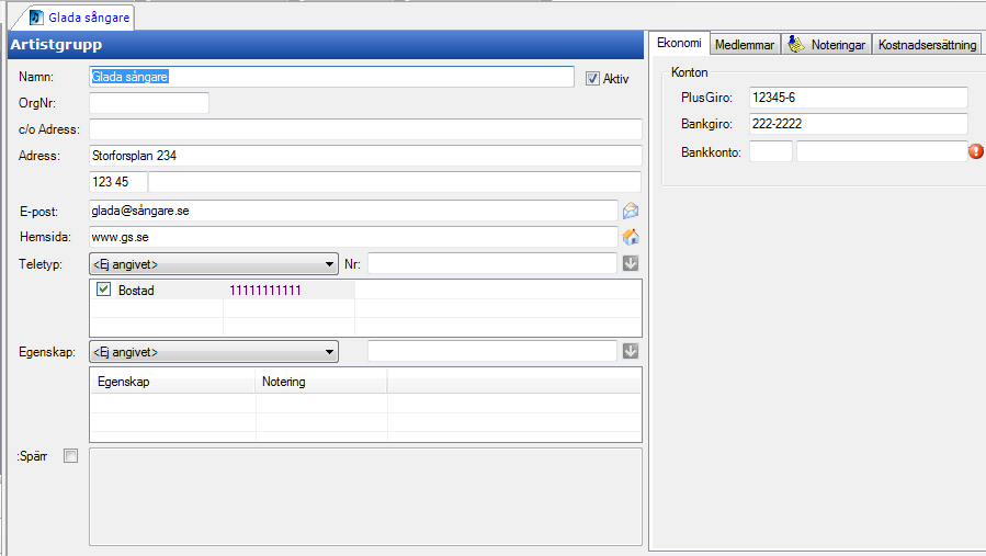 Upplägg Artistgrupp Detta register hanterar artistgrupper och dess medlemmar. Här kan Du registrera följande: Namn här anges artistgruppens namn. OrgNr här kan organisationsnummer anges.