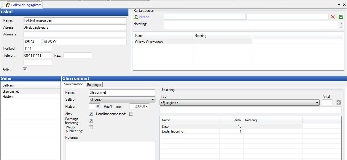 Upplägg Lokal Översikt I Gustav ingår ett lokalregister där avdelningen kan registrera alla de lokaler där verksamheten bedrivs samt en rad olika uppgifter som är förknippade med dem såsom adress,