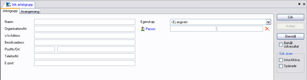 Sök Artistgrupp Denna sökning är precis som sökningen för person uppdelad på två flikar; Artistgrupp och Arrangemang.