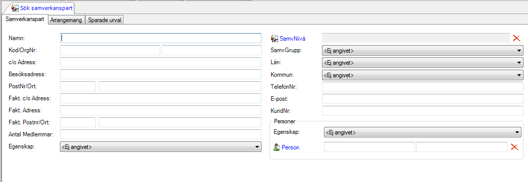 Sök Samverkanspart Sök Samverkanspart fungerar på samma sätt som Sök Person. Första fliken visar generella uppgifter och andra fliken innehåller uppgifter knutna till arrangemang.