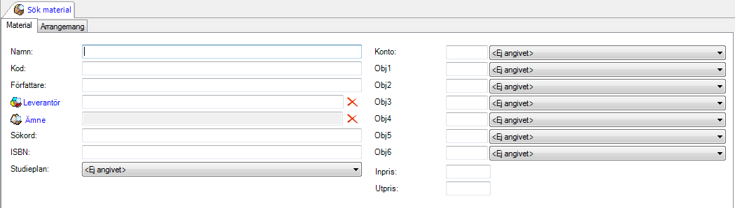 Sök Material Sök Material fungerar på samma sätt som Sök Person. Första fliken visar generella uppgifter och andra fliken innehåller uppgifter knutna till arrangemang.