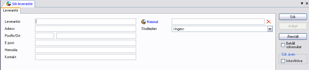 Sök Leverantör För att söka leverantör finns följande uppgifter: Leverantör ange hela eller del av den leverantörsnamn som söks. Adress ange del av adressen till den leverantör som söks.