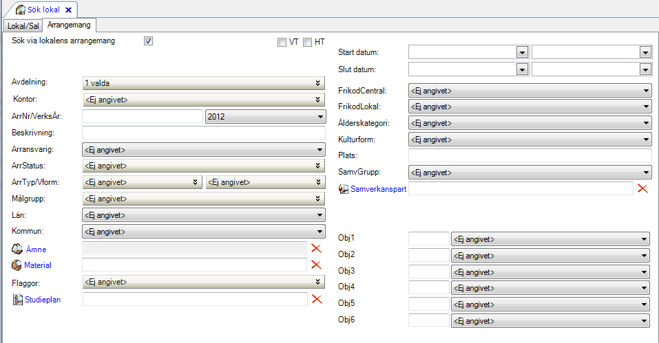 Flik Arrangemang Som för de andra standardsökfunktionerna i Gustav så kan Du även söka utifrån en lokals koppling till ett arrangemang med hjälp av flik Arrangemang. Sök lediga lokaler 1.