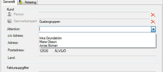 Använda fördefinierade attentions på faktura Det finns möjlighet att använda attention på en samverkanspart och sedan ha dessa som val vid skapande av faktura. 1. Öppna Ekonomi Fakturering i Gustav 2.