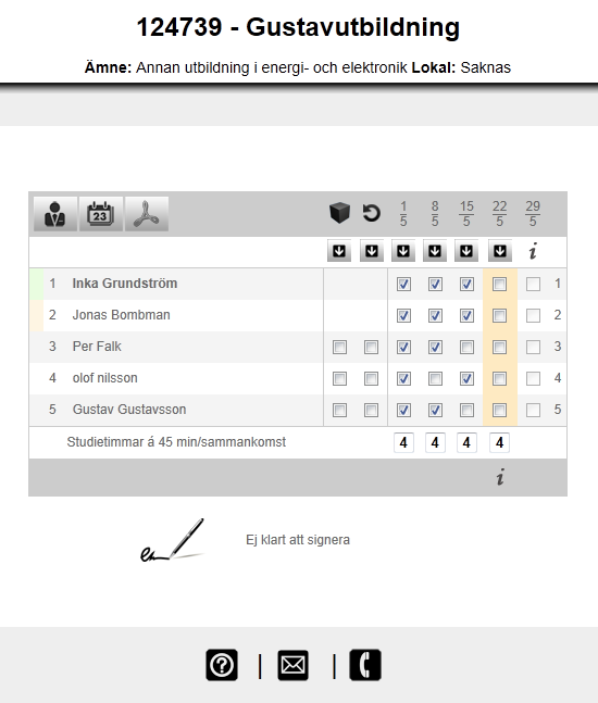 2. Ledarens aktiva (startade) arrangemang visas i en lista på startsidan. På alla sidor i Elektroniska närvarolistan har ledaren tillgång till hjälptexter som förenklar hanteringen.