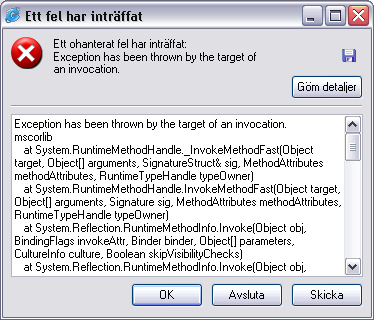 Genom att klicka på Visa detaljer visas detaljerad information om felet.