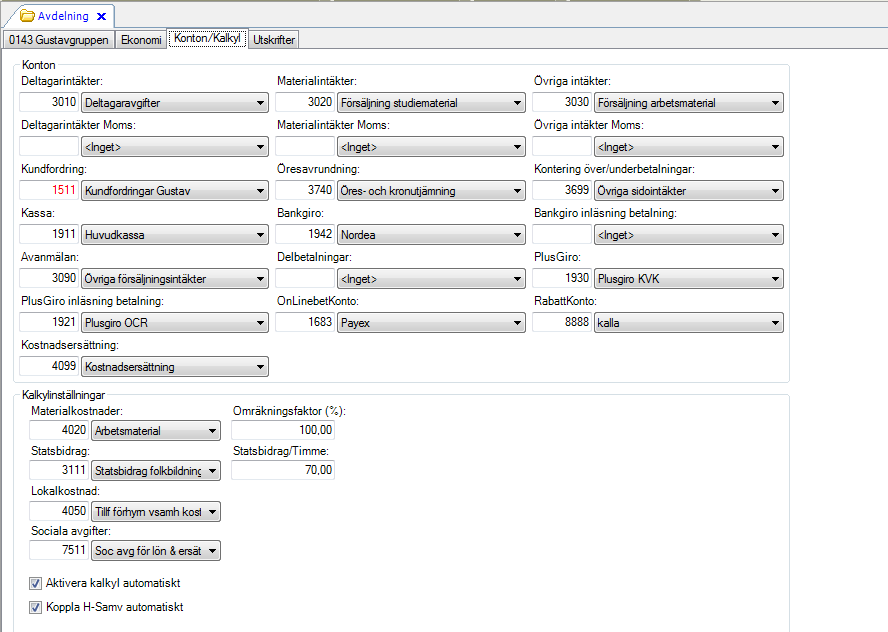 Flik Konton/Kalkyl Här finns de uppgifter som används i samband med ekonomihantering i Gustav. Deltagarintäkter här anges konto för deltagaravgifter på fakturor genererade från arrangemang.