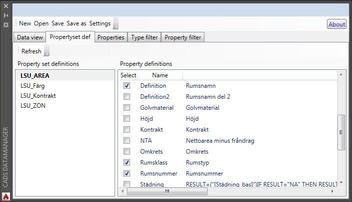 3. Visa och filtrera data 3.1. Propertyset definitioner Propertyset definitioner för objekt i modellen kan visas i CADS DataManager. Gör så här: 1. Öppna en ritning som innehåller propertyset data. 2.