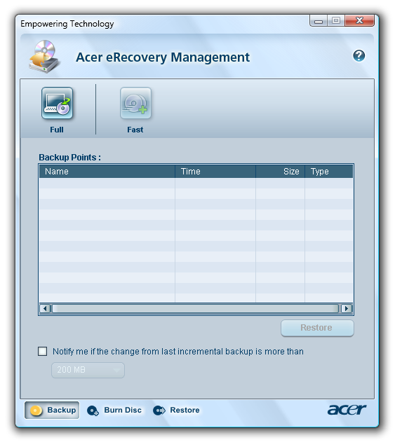 12 Empowering Technology Se "Acer erecovery Management" på sidan 81 i AcerSystem User's Guide för ytterligare information.