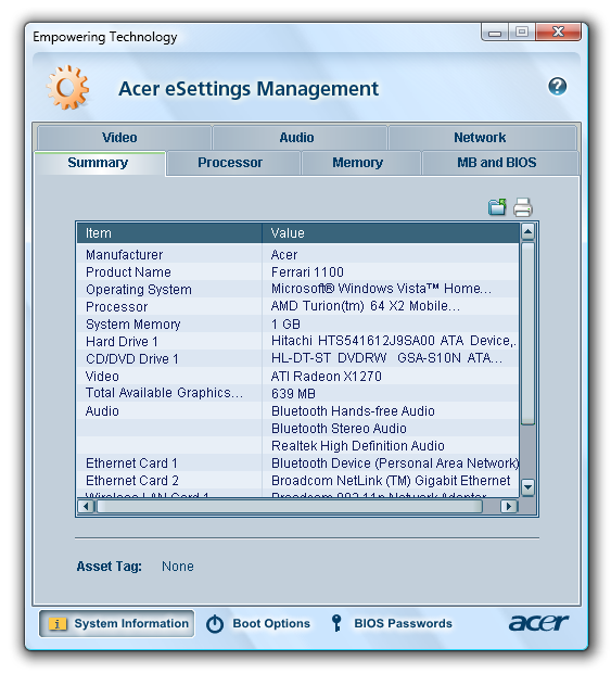13 Acer esettings Management Acer esettings Management låter dig granska maskinvaruspecifikationer, ställa in BIOS-lösenord och modifiera startalternativ.