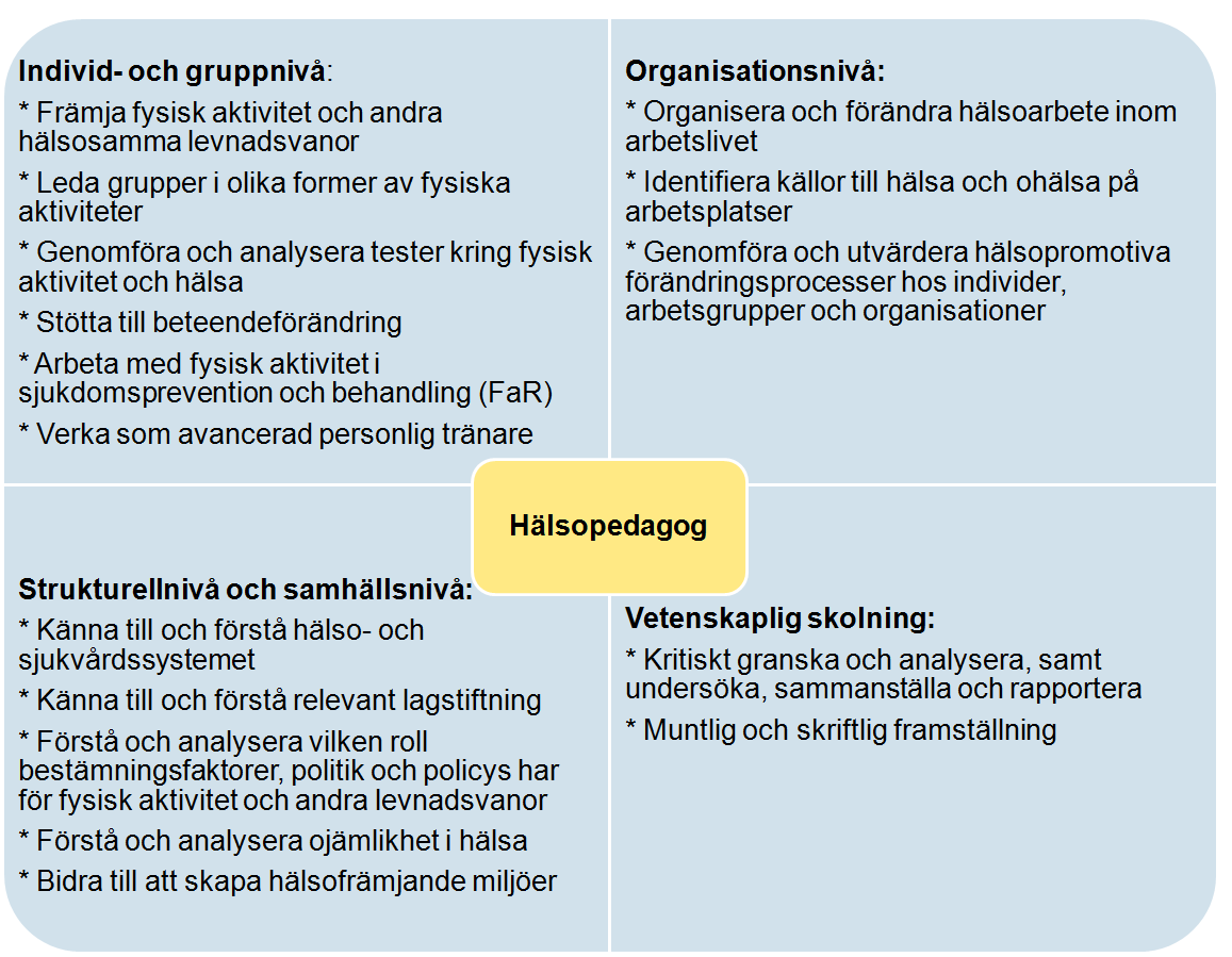 2(7) Hälsopedagogutbildningen har fokus på följande målgrupper: vuxna och äldre, personer i behov av fysisk aktivitet på recept (FaR), och personer med intresse av mer avancerad personlig träning.