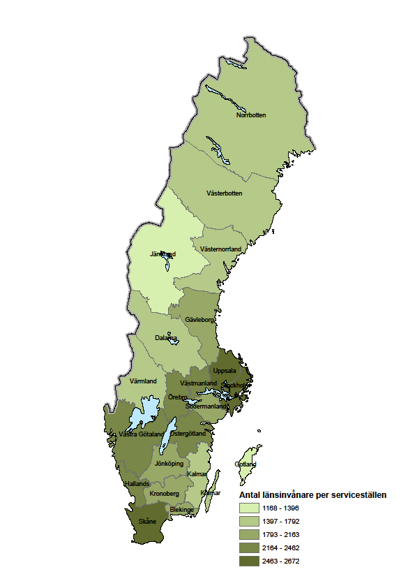 Figur 2.4: Antal länsinvånare per serviceställe i Sverige, 2012-12-31. Figure2.