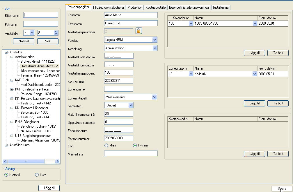 Nyheter i dashboard 2. Personal I Dashboard är menyn personal implementerat. Här kan du lägga upp anställda, motsvarande personaldata i WinTid (byggd i powerbuilder).