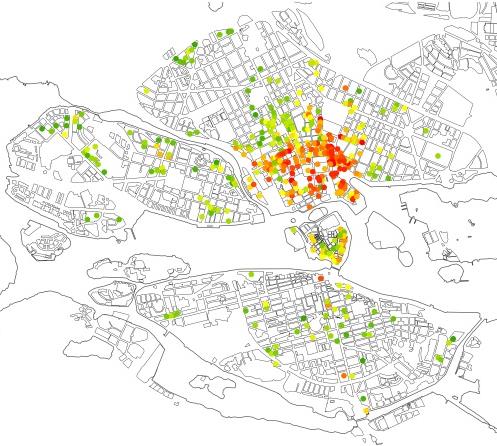 Tillsammans innehåller dessa områden 69 % av fastigheterna i datamaterialet och ungefär lika stor del av innerstadens kontorskvadratmeter, 67 %.