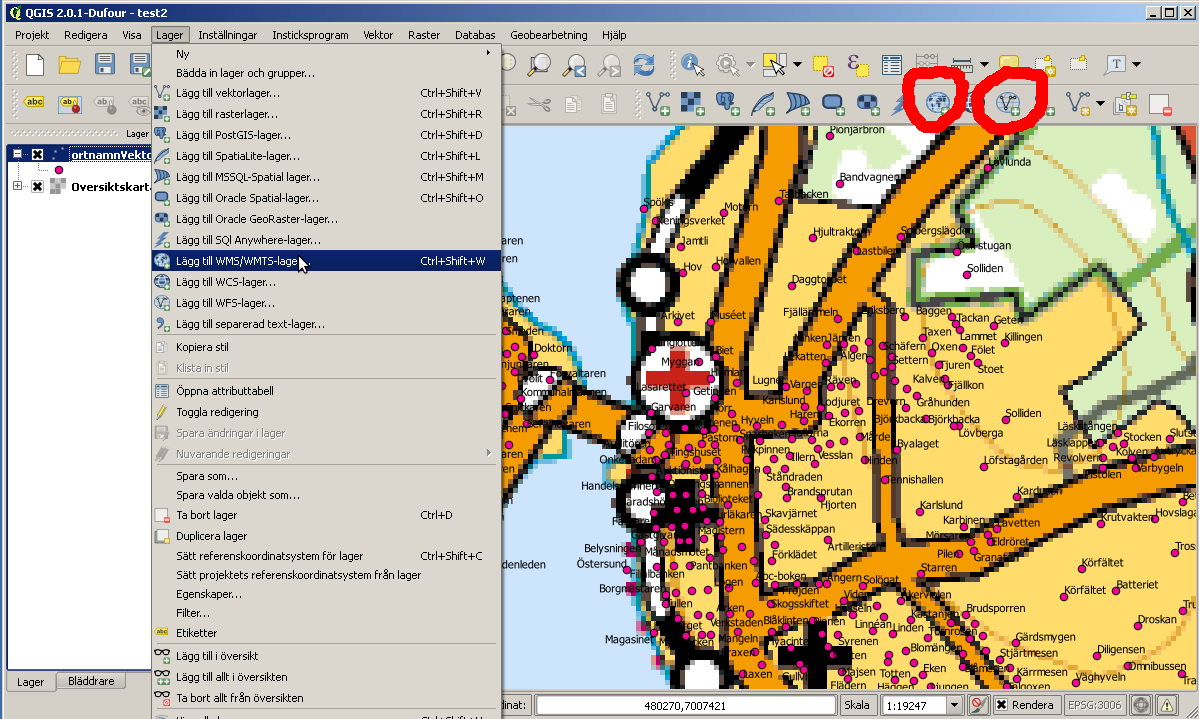 Sida 14 (19) 7 Jobba med OGC-tjänster WMS och WFS WMS och WFS lager kan läggas till genom att välja Lager Lägg till WMS-lager resp Lager Add WFS Layer. Dett finns två knapper för detta också.
