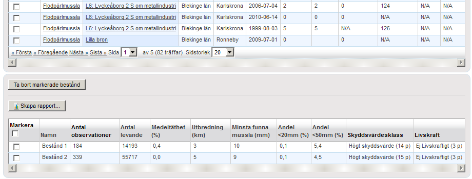 Skapa rapport FUNKTIONER Använd sökkriterierna under Visa musslor för att söka fram ett antal observationer som ska ligga till grund för att skapa rapport eller avgränsa bestånd.