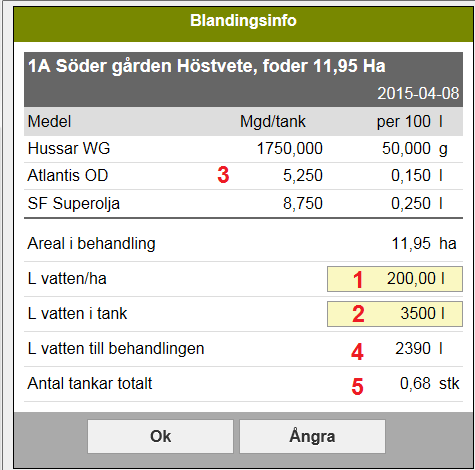 BLANDNINGSINFO VÄXTSKYDD 1. Ange liter vatten per hektar 2. Skriv in hur mycket vatten du har i tanken 3.