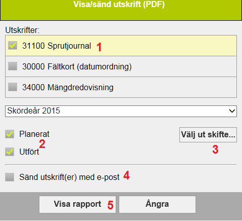 UTSKRIFT AV RAPPORT Bocka för den utskrift du ville se (1). Du kan välja om bara planerade eller utförda insatser (2) skall visas i utskriften eller en kombination av båda.