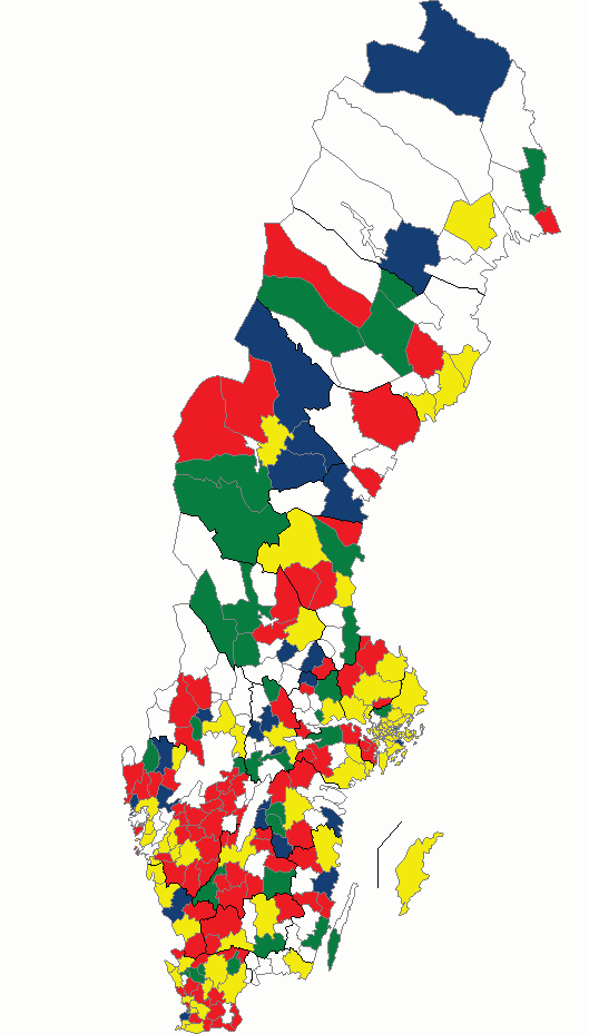 Beslutsläget i kommunerna år 2010 Gula: Infört LOV, 68 kommuner Röda: Beslutat att införa LOV, 85 kommuner Gröna: Utreder,