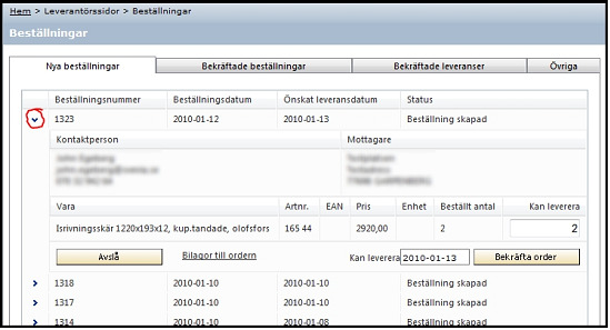 Där kan man se kontaktperson och mottagaradress. Därefter följer information om de beställda varorna. Här kan leverantören ändra antalet för hur många denne kan leverera.