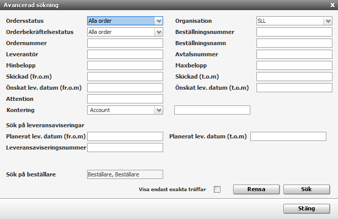 4. Under Avancerat sök uppe till höger kan mer specifik sökning göras. Se nedan: 5. Under Visa i Excel uppe till höger kan ordern exporteras till Excel 6.